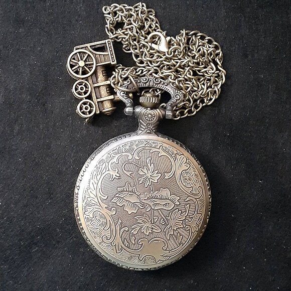 Vintage Style Locomotive Train Quartz Pocket Watch Men Gift Bronze w/Train Charm - Picture 4 of 8